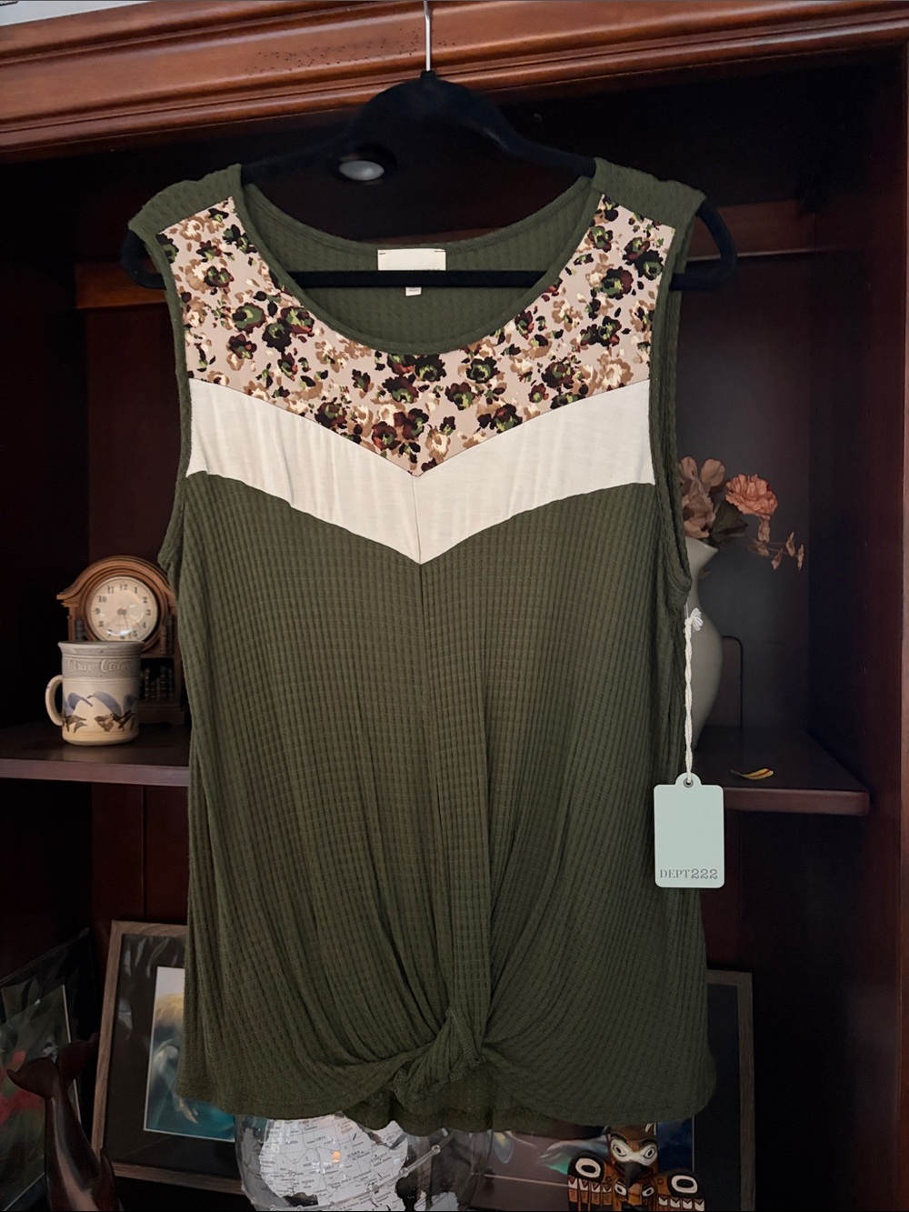 Olive Green Floral Yoke Knotted Tank Top